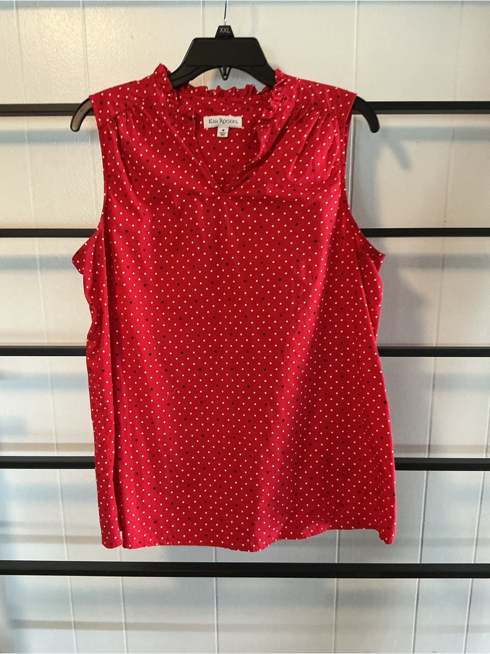 Kim Rogers Red, White & Blue Polka Dot Sleeveless Ruffle Neck Top, MED, B3
